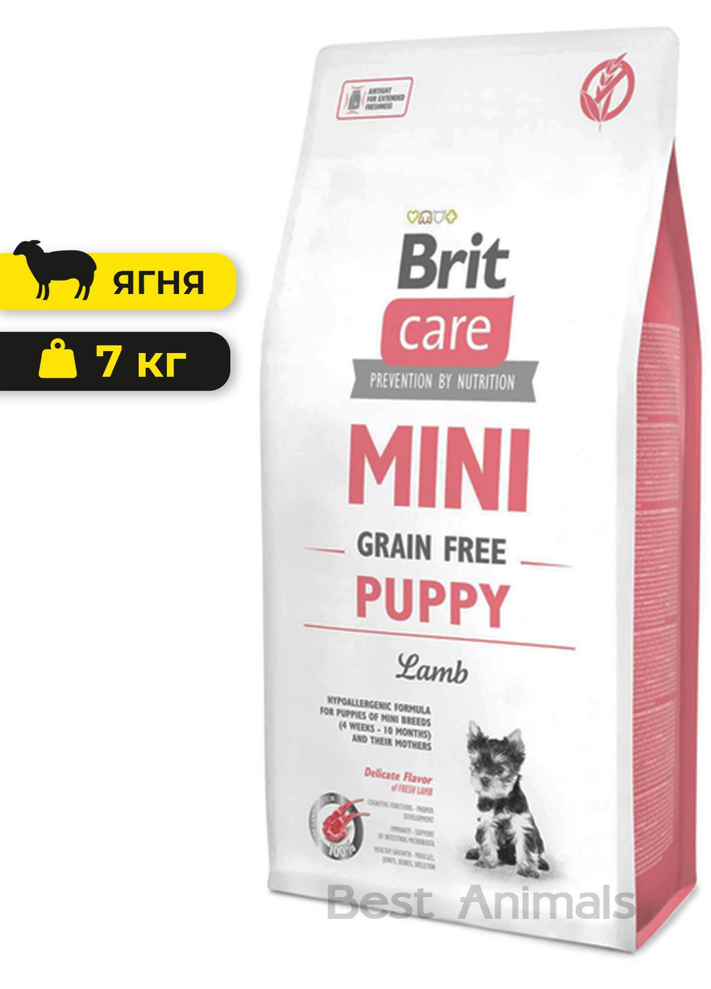 Сухой беззерновой корм с ягненком Mini Puppy для щенков миниатюрных пород 7 кг (8595602520152) Brit Care (351479442)