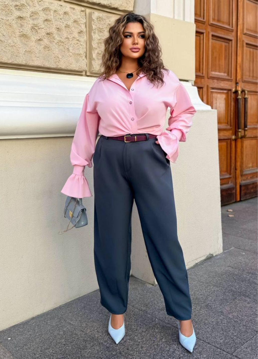 Рожева вишукана повсякденна блузка на гудзиках з довгими рукавами ліхтарик з воланами Allthings