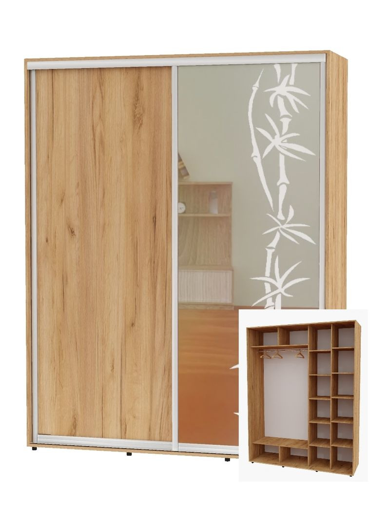 Шафа-купе дводверна 200*60*220 Дуб крафт золотий ДСП/Дзеркало з піскострумним малюнком Алекса (360475017)