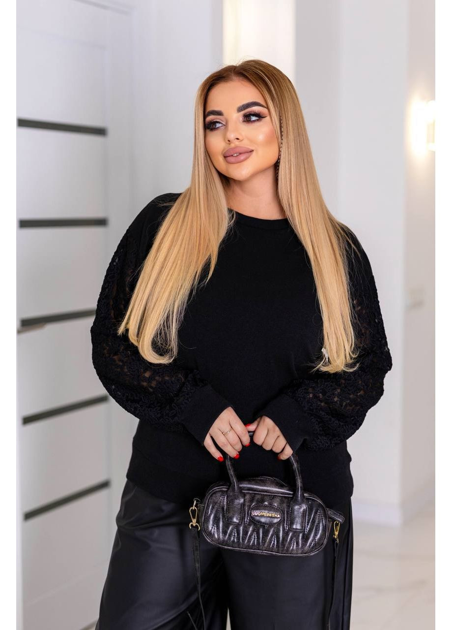 Черный демисезонный женский свитер с кружевными рукавами. MonCher