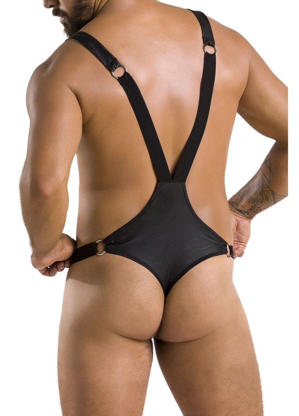 Чоловіче боді з люверсами Harry XXL/XXXL, екошкіра, чорне, на шлейках Passion (297393885)