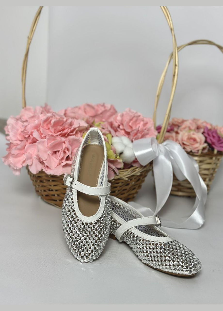Женские женские белые летние балетки со стразами | белые стразы текстиль, искусственная кожа (323142540)