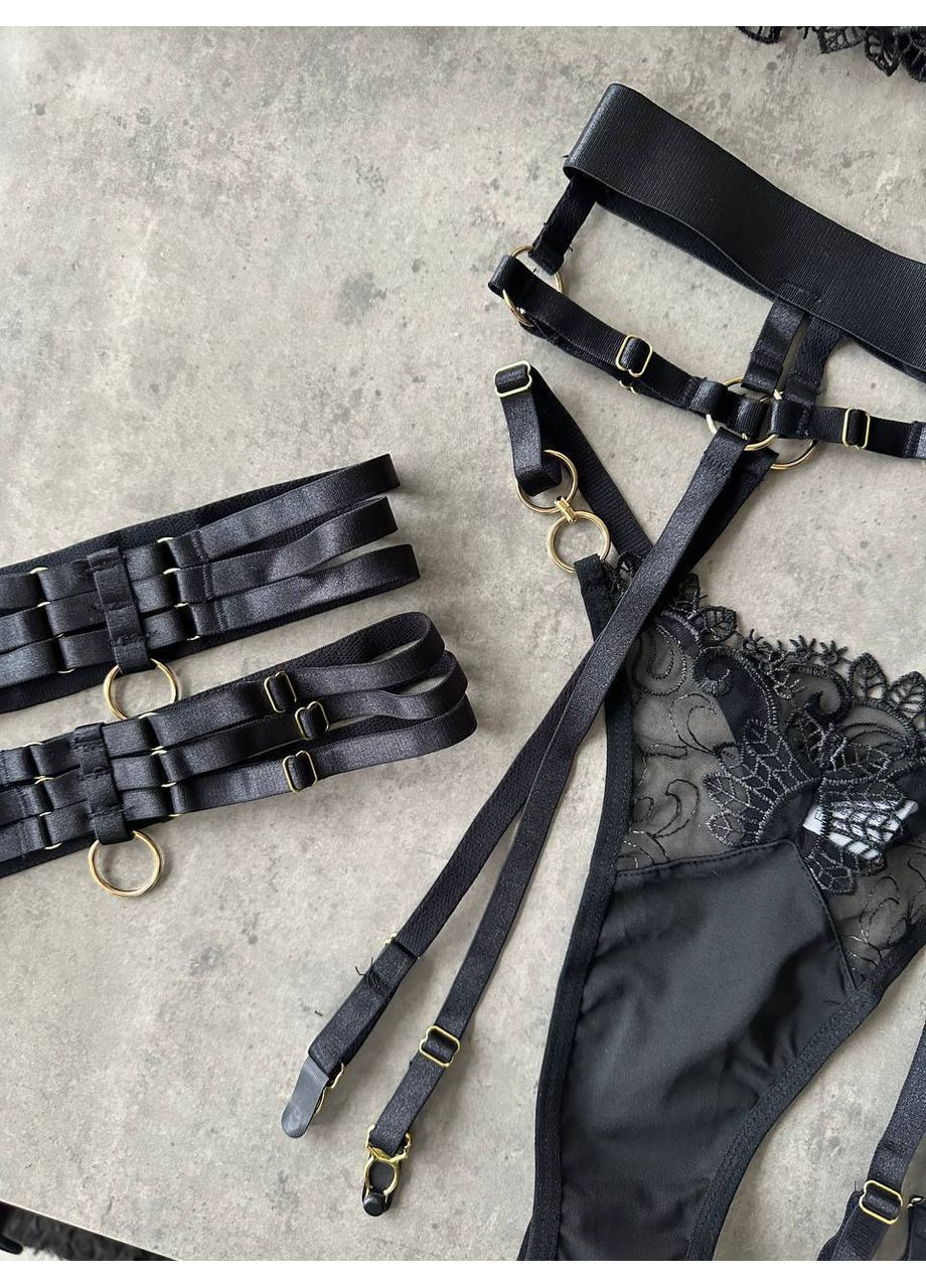 Чёрный балконет комплект белья "desire set" | чашка с косточкой, чокер и гартеры в комплекте, черный Vital-Textile с косточками полиэстер, эластан