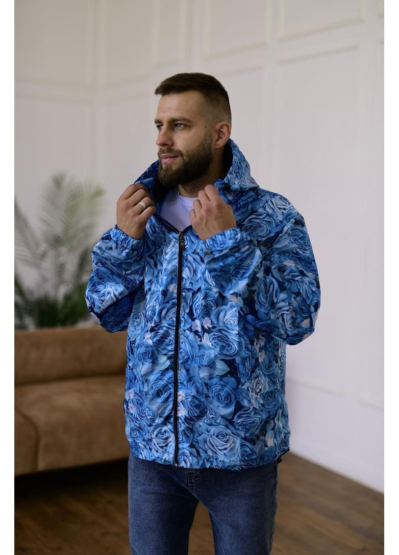 Комбинированная демисезонная молодежная голубая ветровка с розами No Brand