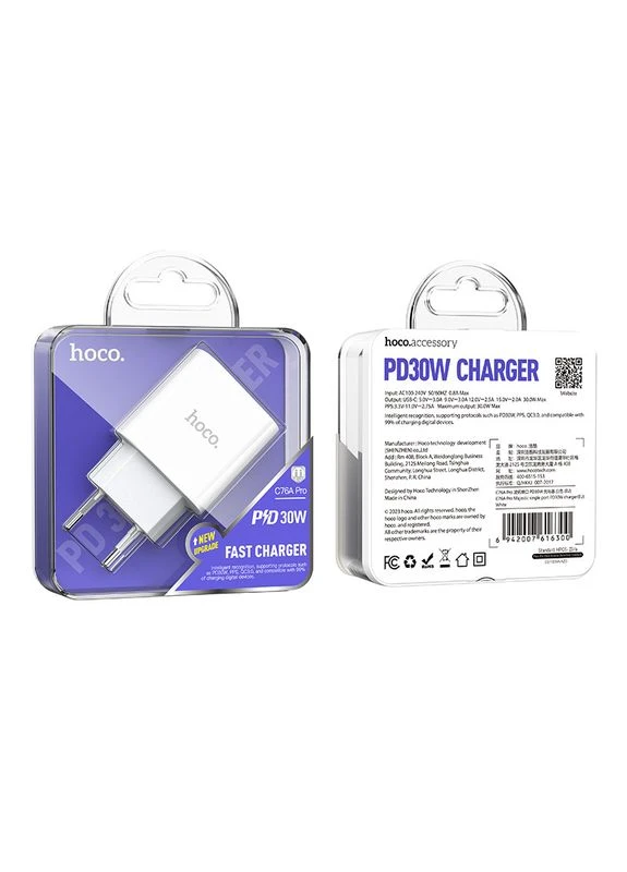 Мережевий зарядний пристрій C76A Pro Majestic single port PD30W charger білий Hoco (389206709)