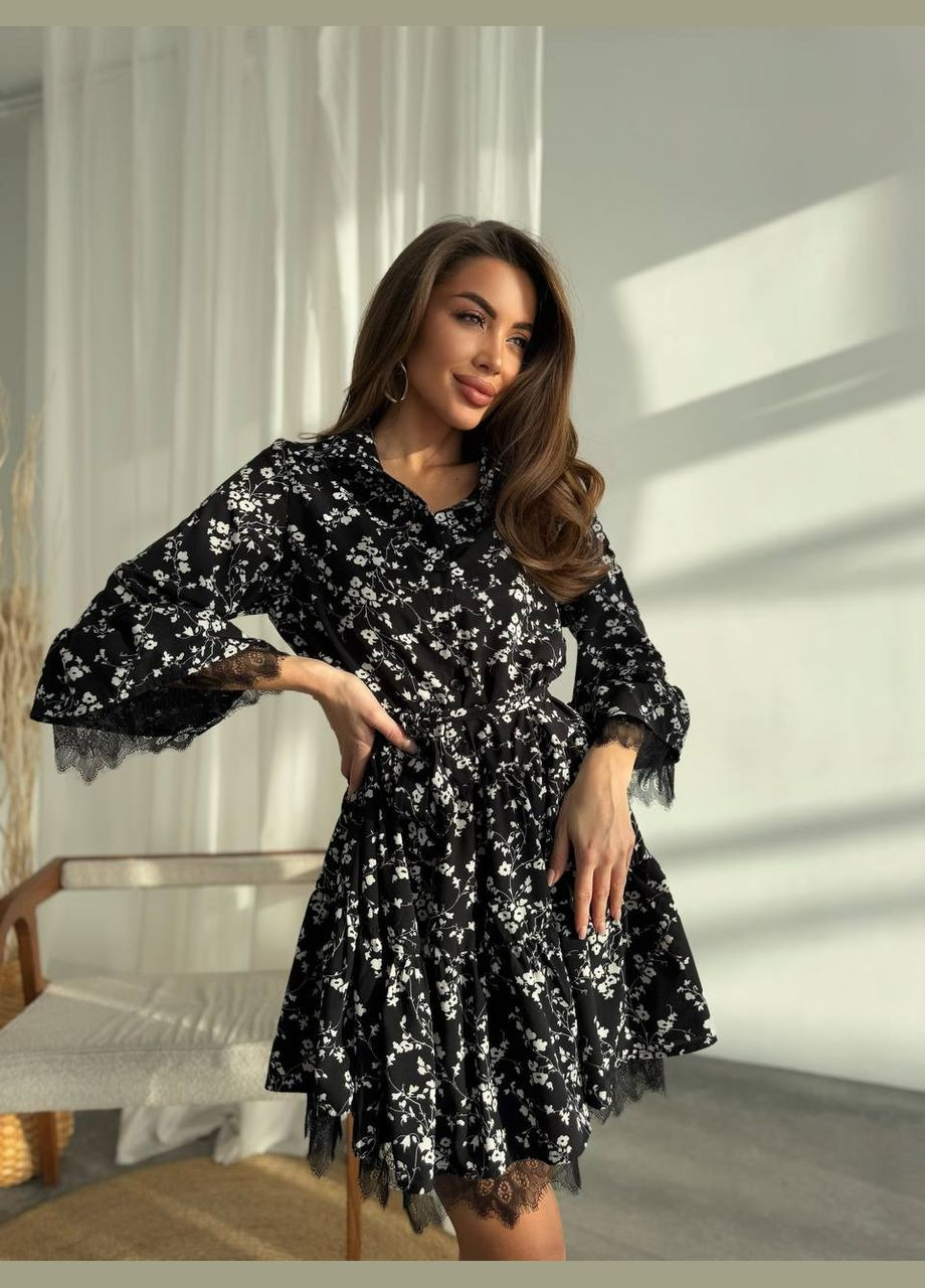Чорна красива чорна сукня у квітковому принті з мереживами та довгим рукавом – елегантний та витончений вибір для стильних образів. No Brand з квітковим принтом