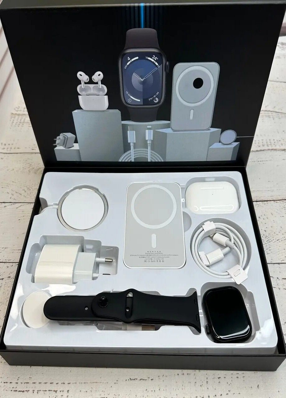 Комплект Megabox (6-в-1) Smart Watch 9 з бездротовими навушниками і пауербанком, Black No Brand (369963518)