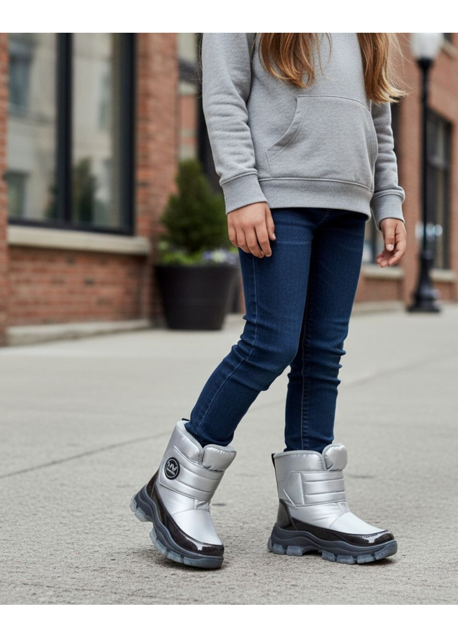 Серебряные зимние дутики на овчине,термоботинки на овчине для девочки,зимние ботинки на девочку вистеп Weestep на липучке