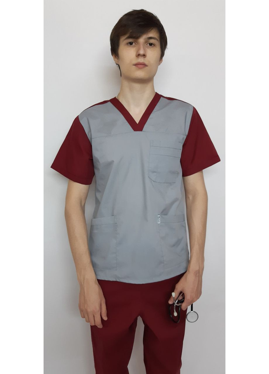 Сірий демісезонний костюм медичний чоловічий герус бавовна короткий рукав 44, білий із морською хвилею оздобленням No Brand