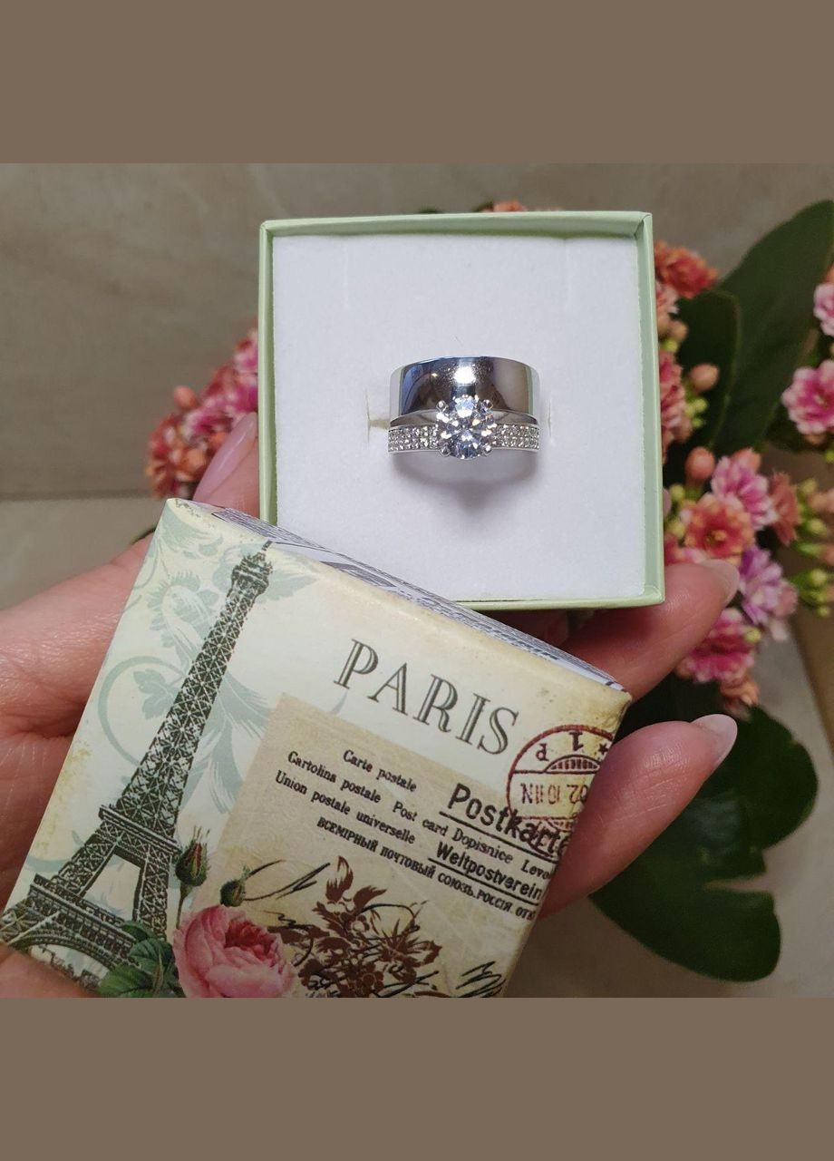 Каблучка срібна подвійна Еліт з крупним фіанітом та гладкою поверхнею Каштан (342335072)