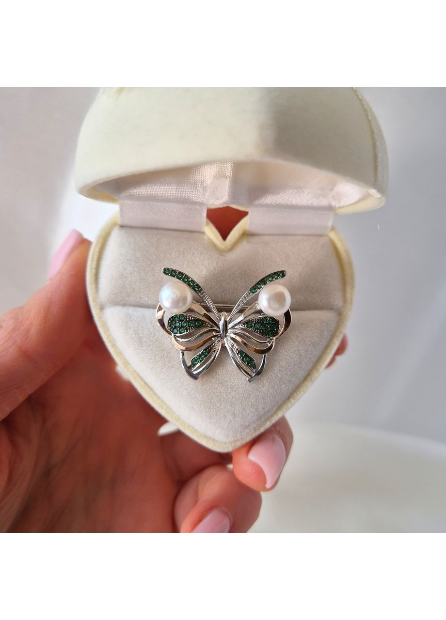Серебряная Брошка Бабочка с Жемчугом и камнями серебро 925 пробы Родированное золото 375 135баб Nobrand (370438641)