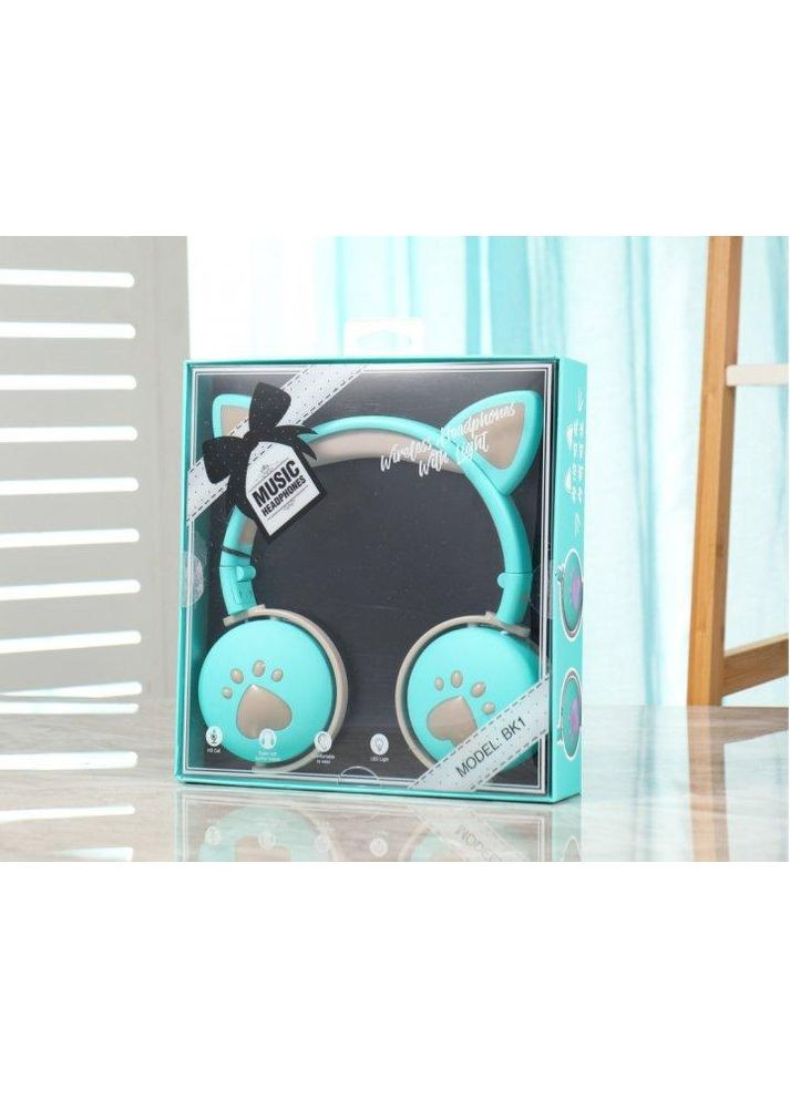 Бездротові дитячі навушники "CAT" ВК-1 з котячими вушками і LED підсвічуванням, подарункові м'ятно-зелені Atd (349824259)