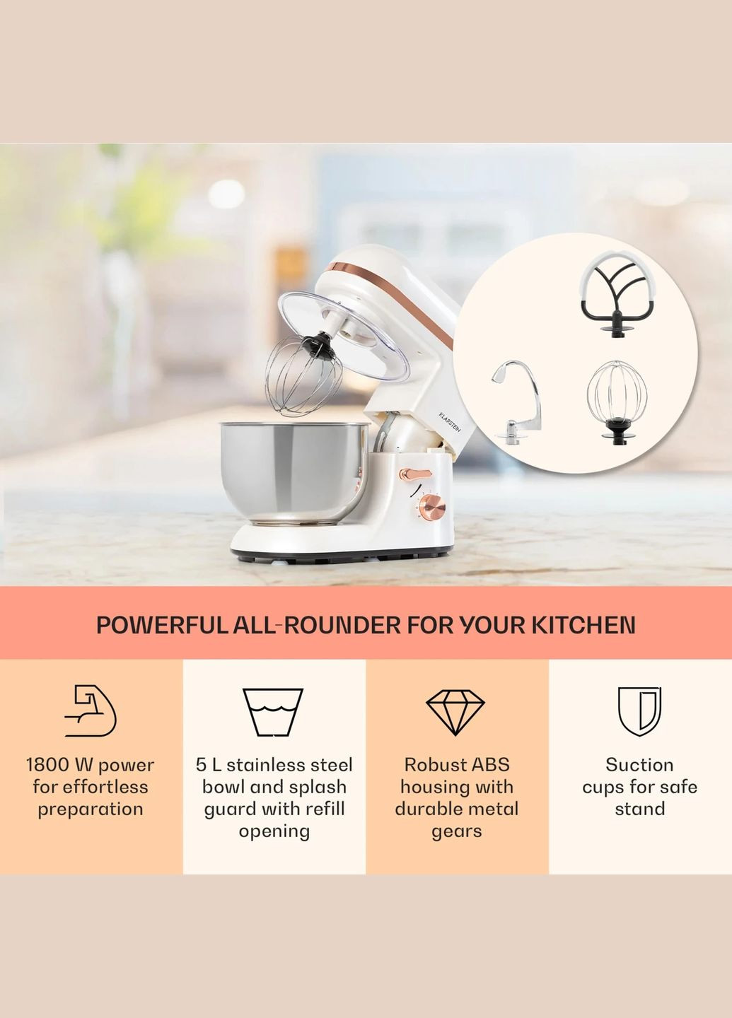 Кухонний комбайн тістоміс Bella Elegance 1800вт Перламутр Klarstein (338194781)