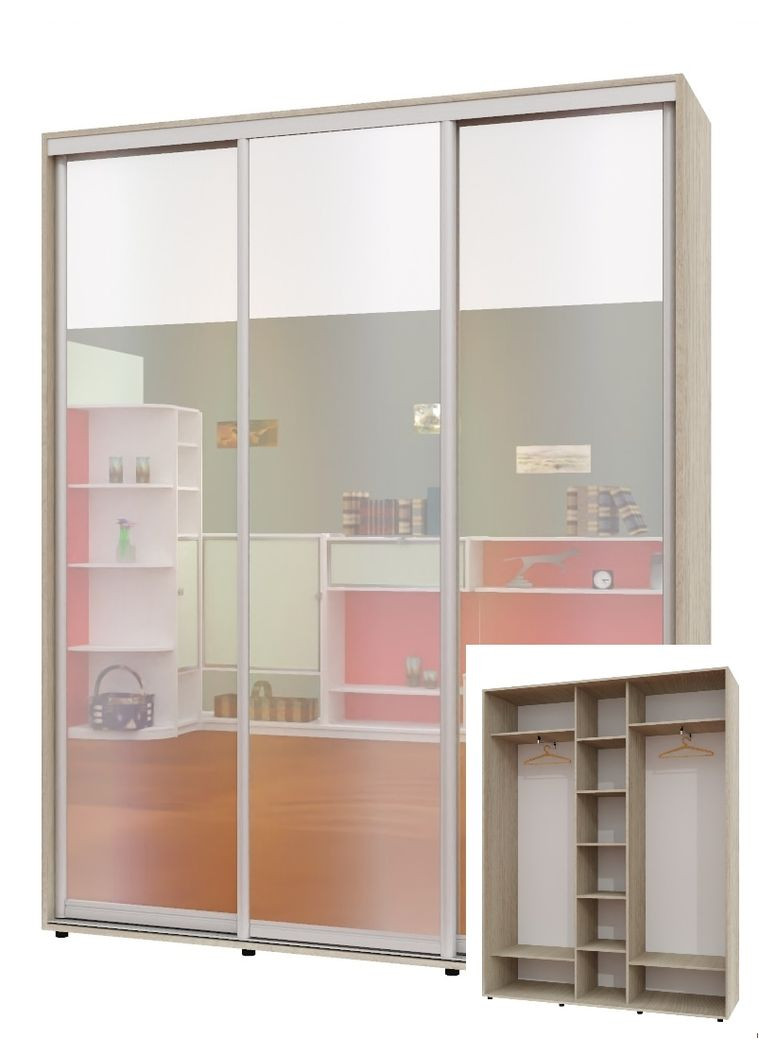 Шафа-купе тридверна 200*45*230 см Дуб Шамоні світлий 3 двері Дзеркало ШК-04 Алекса (360433513)