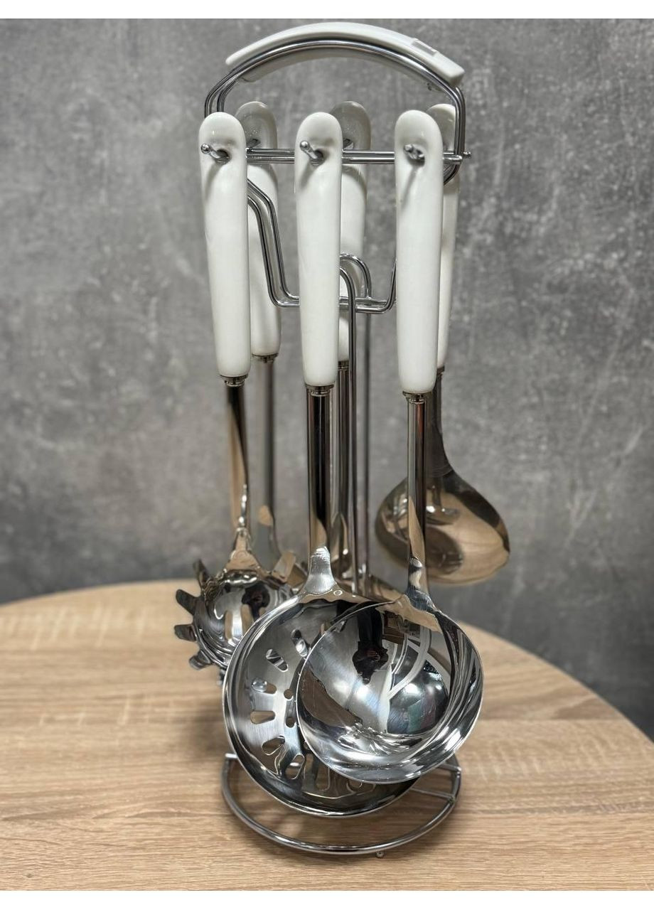 Набор кухонных принадлежностей на подставке 7 предметов керамическая ручка кухонные аксессуары Белый с серебристым No Brand (371373163)