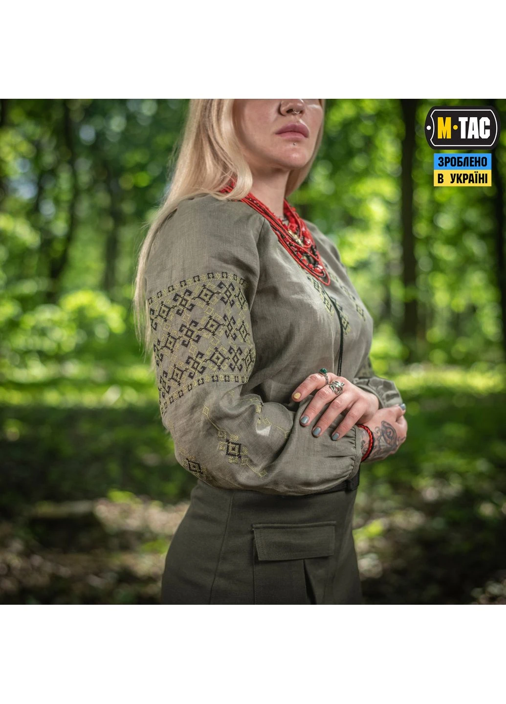 Комбинированная вышиванка женская 100% лён олива ( ) M-TAC (400539764)