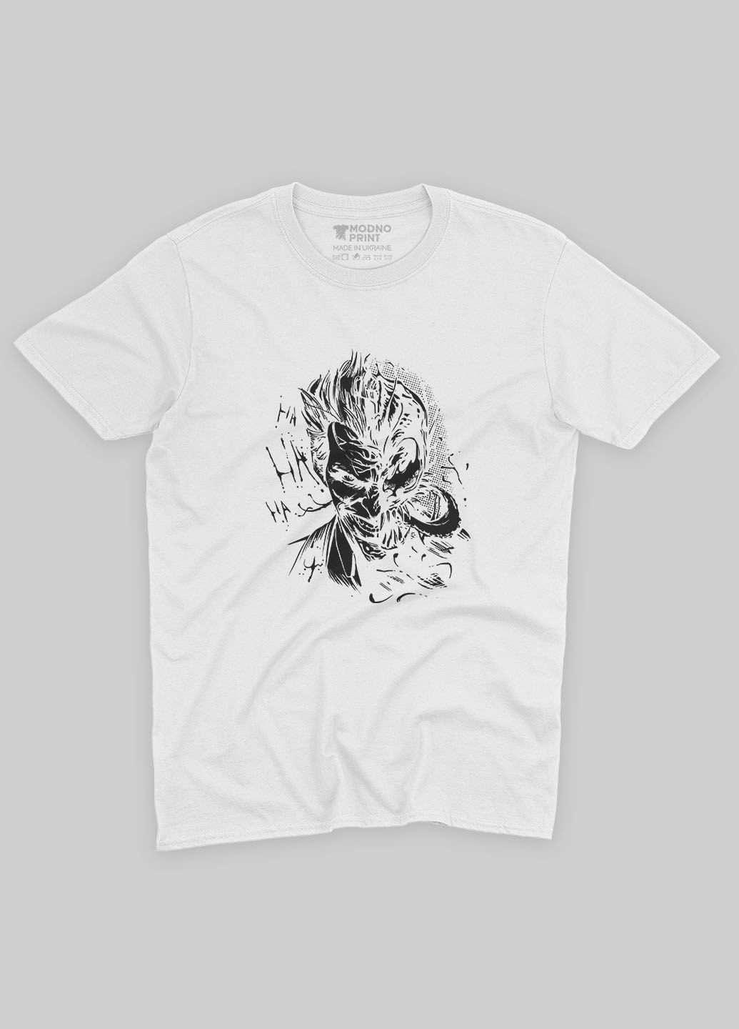 Біла демісезонна футболка для хлопчика з принтом суперзлодія - джокер (ts001-1-whi-006-005-028-b) Modno