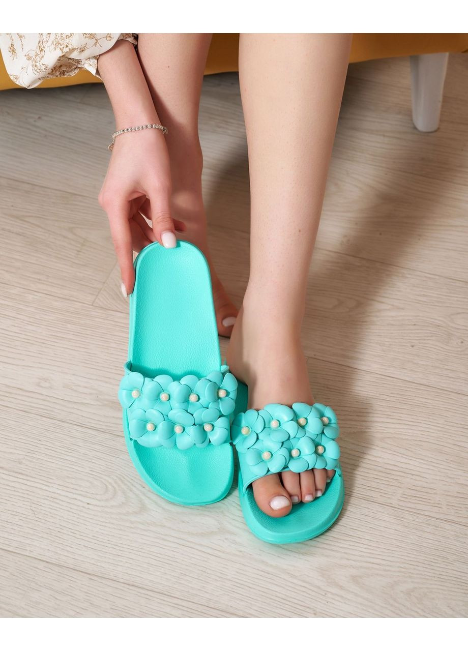 Бирюзовые шлепанцы женские летние бирюзовые No Brand с бусинами, с цветами, без декора
