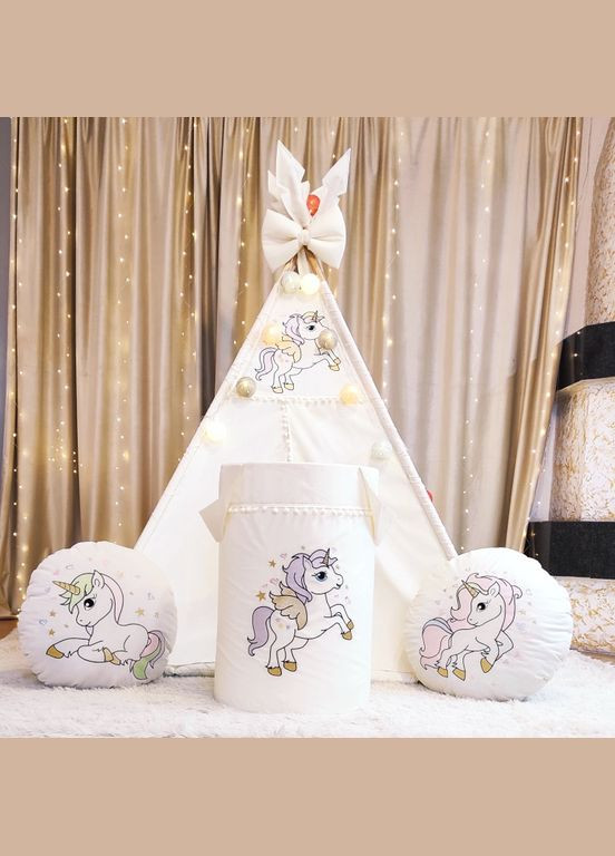 Палатка Вигвам для детей Цветние единорожки БОН БОН на молочному + корзина для игрушек Полный комплект! No Brand (316257225)