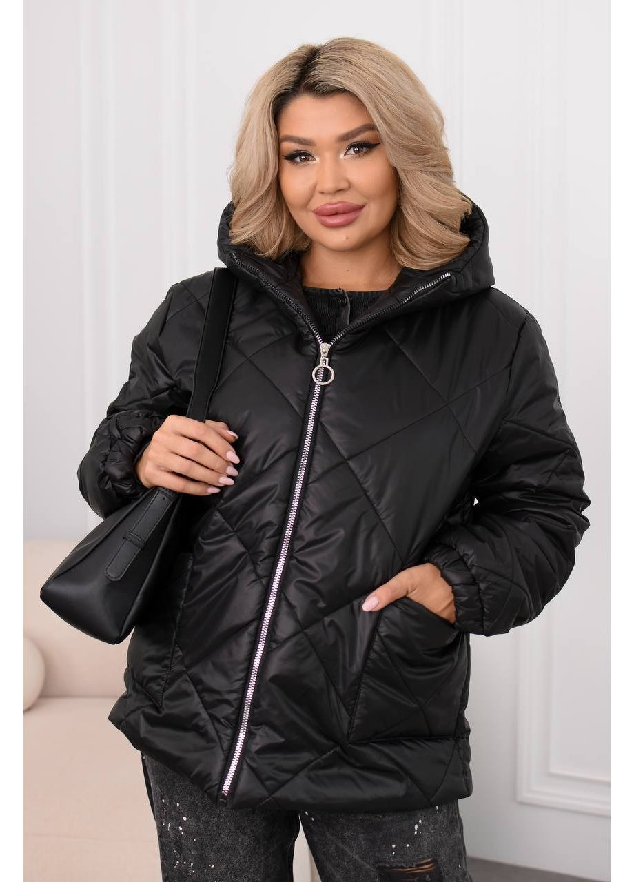 Чорна демісезонна куртка 1014 осінь,плащівкалаке стьобана,синтепрн 150сз капюшоном на блискавці Україна