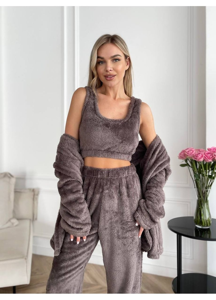 Домашний костюм тройка махра двусторонняя, топ, халат и штаны Україна (364814421)