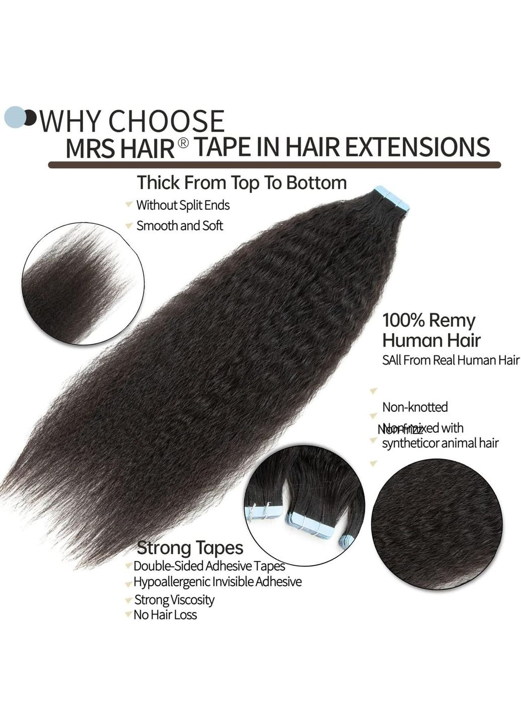 Накладні пасма на клейкій основі, текстура Афро, натуральне чорне волосся 50 см, стрічкове нарощування для обʼєму No Brand (346493703)