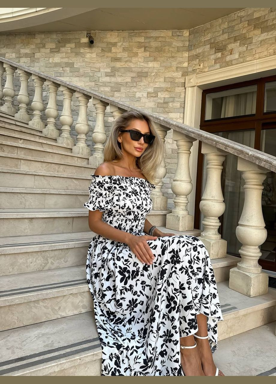 Белое повседневный, праздничный, вечернее женское элегантное длинное платье а-силуэт Україна с цветочным принтом