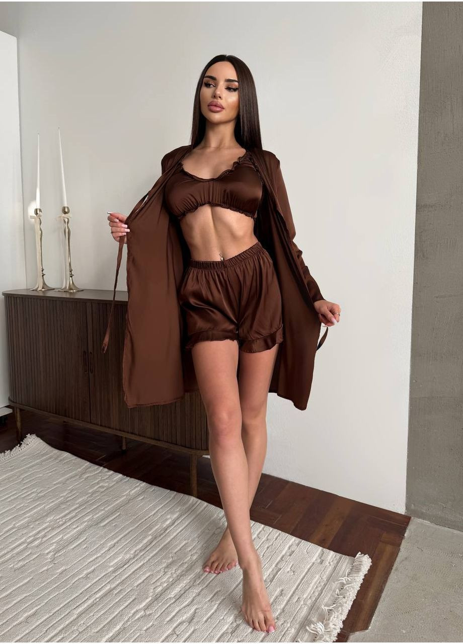 Темно-коричневая всесезон женская пижама тройка FINO Mode