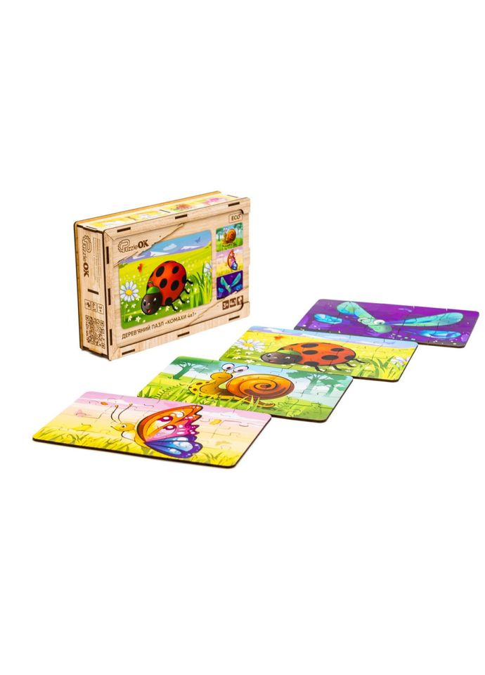 Дерев’яний дитячий пазл 4в1 "Комахи" Puz-59557, 80 елементів PuzzleOK (327320632)