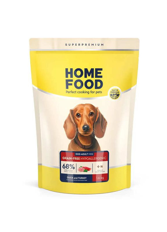 Сухой беззерновой гипоаллергенный корм с уткой и индюшкой для собак малых пород Adult Mini - 1,6 кг Home Food (327070467)