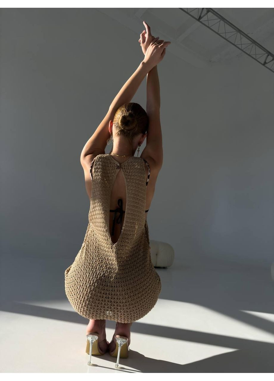 Жіноча бежева в’язана пляжна туніка міні / Жіноча ажурна бежева туніка крючком облягаюча / Жіноча коротка пляжна туніка бежева No Brand (369369788)