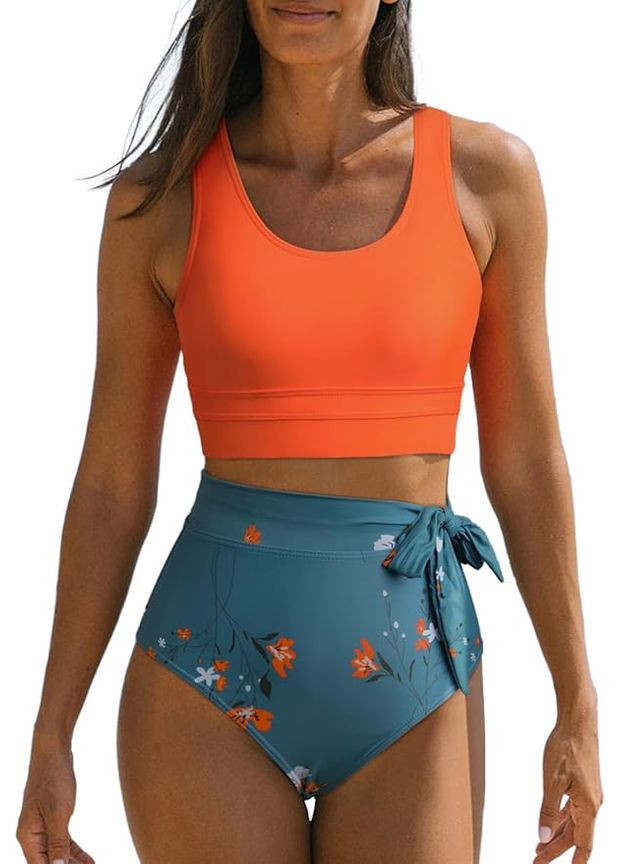 Темно-бирюзовые женские плавки : с цветочным принтом и контролем живота. с цветочным принтом Dokotoo