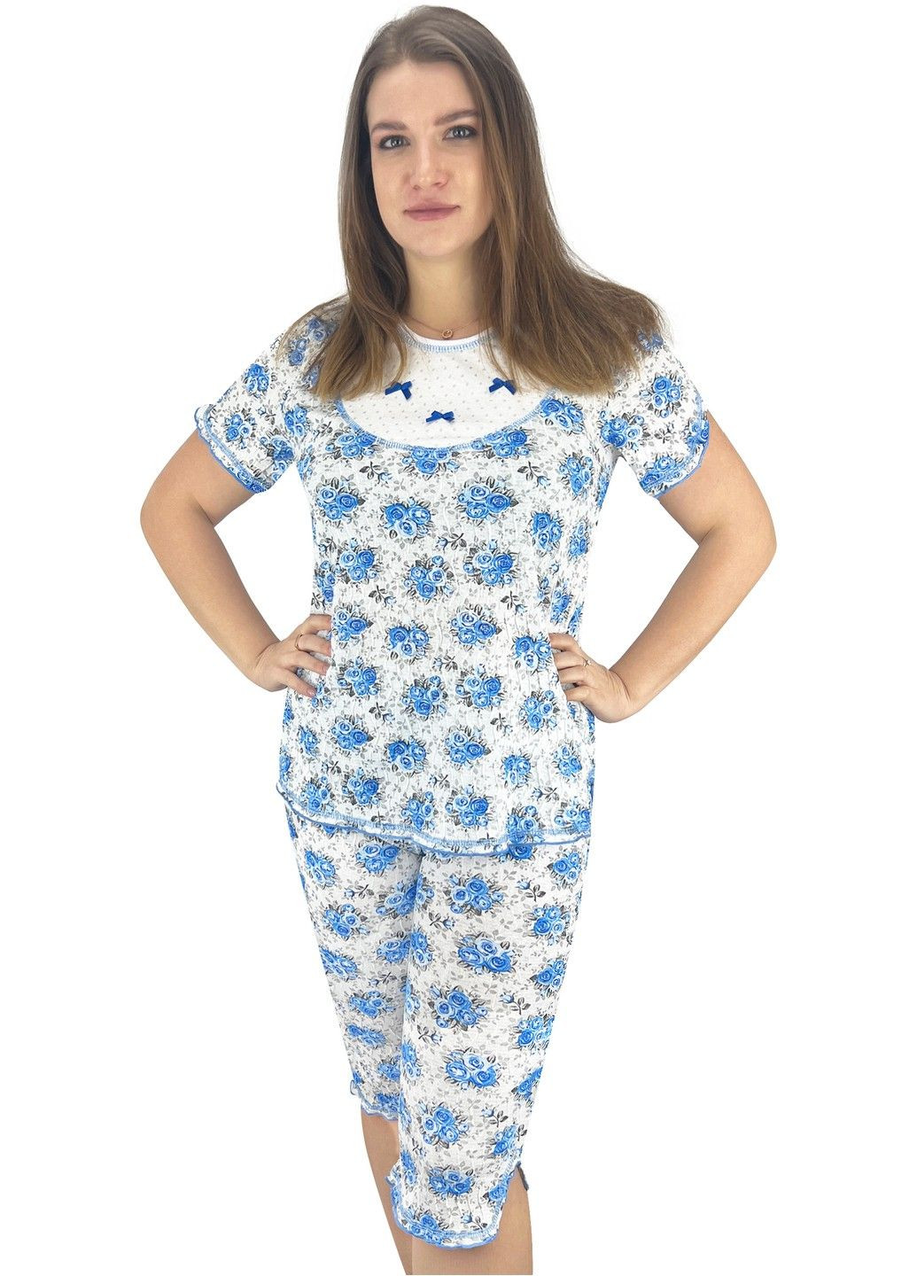 Синяя всесезон пижама женская жатка рубашка + бриджи Жемчужина стилей 1201