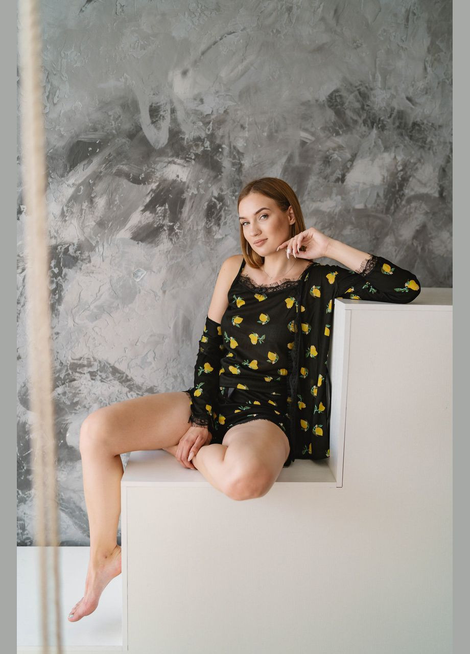 Черная всесезон отличный комплект тройка (халат+майка+шорты) женский лимончики майка + капри ARCAN