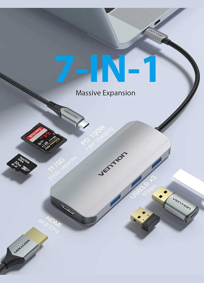 Хаб USBC to HDMI/USB 3.0x3/SD/TF/PD Docking Station Gray 0.15M Aluminum Alloy Type Vention (315600788)