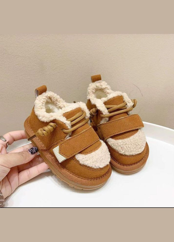 Коричневые ботинки детские утепленные с липучей и шнурками (16,5см) (18049) Qoopixie