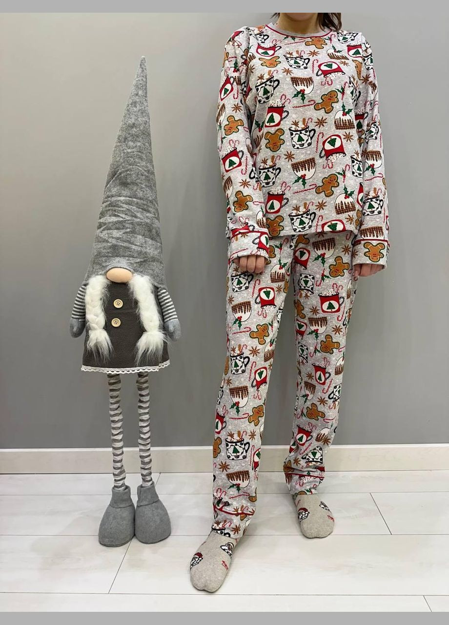 Сіра зимня піжама домашня жіноча з начосом брюки + сорочка різдво рубашка + брюки Cosy KMW10