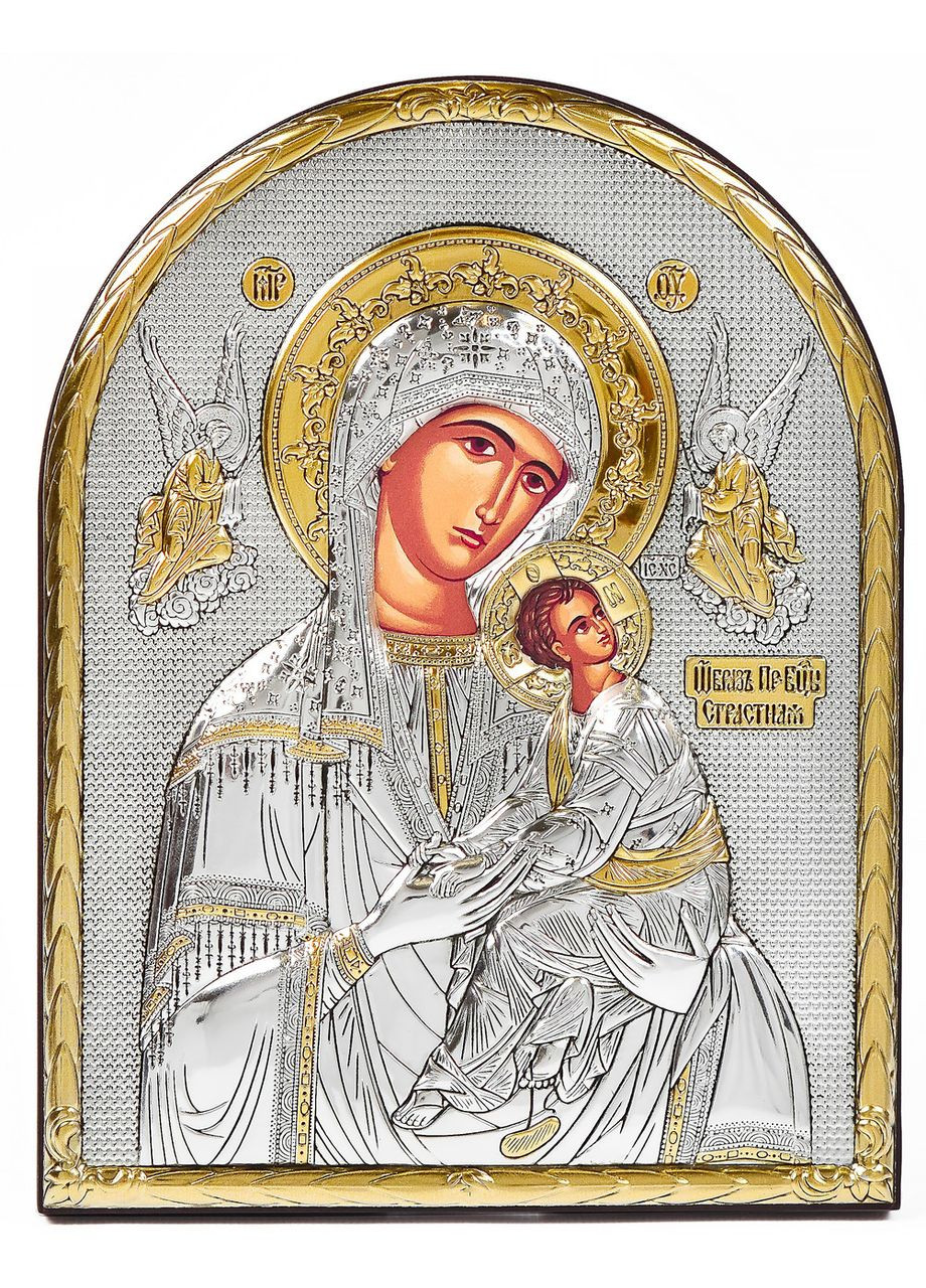 Страсна (Неустанної Допомоги) Ікона Божої Матері 8,3х10,4см аркової форми без рамки на дереві Silver Axion (265445969)