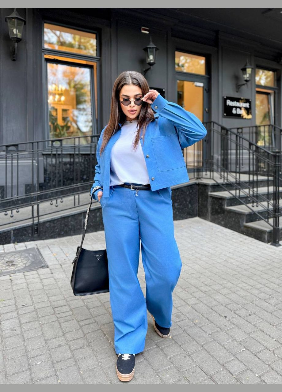 Женский джинсовый костюм двойка укороченная куртка и широкие брюки MonCher (331639170)