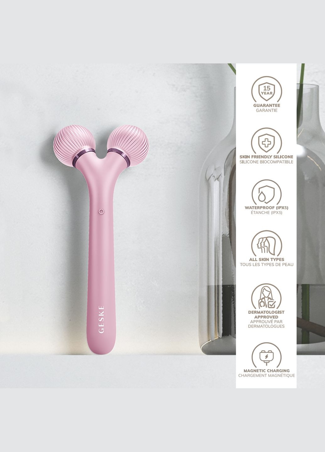 Електронний ультразвуковий ролик для обличчя Sonic Facial Roller 4в1 pink GESKE (341525892)