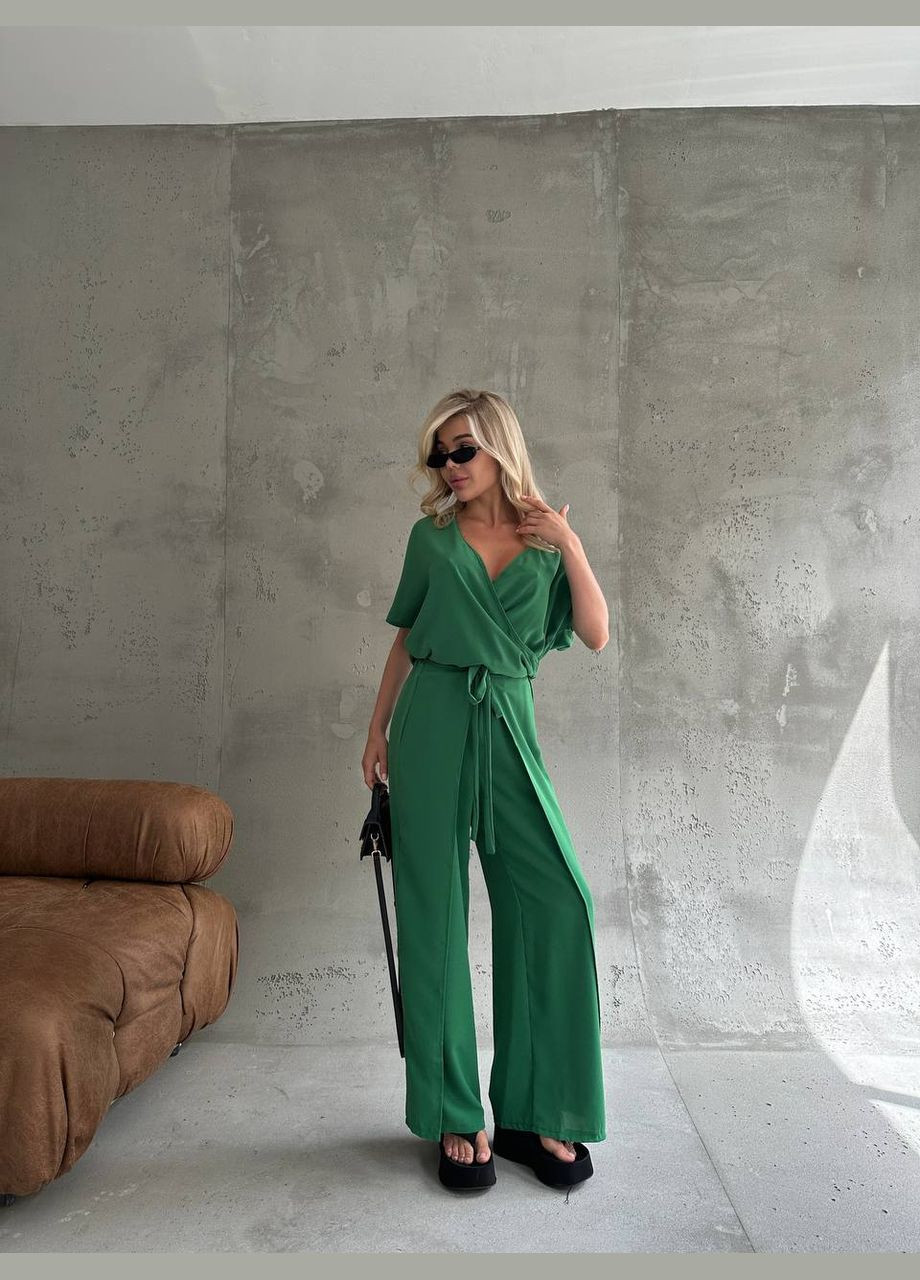 Костюм двійка блузка та штани з розрізом збоку зелений You Best (298295438)