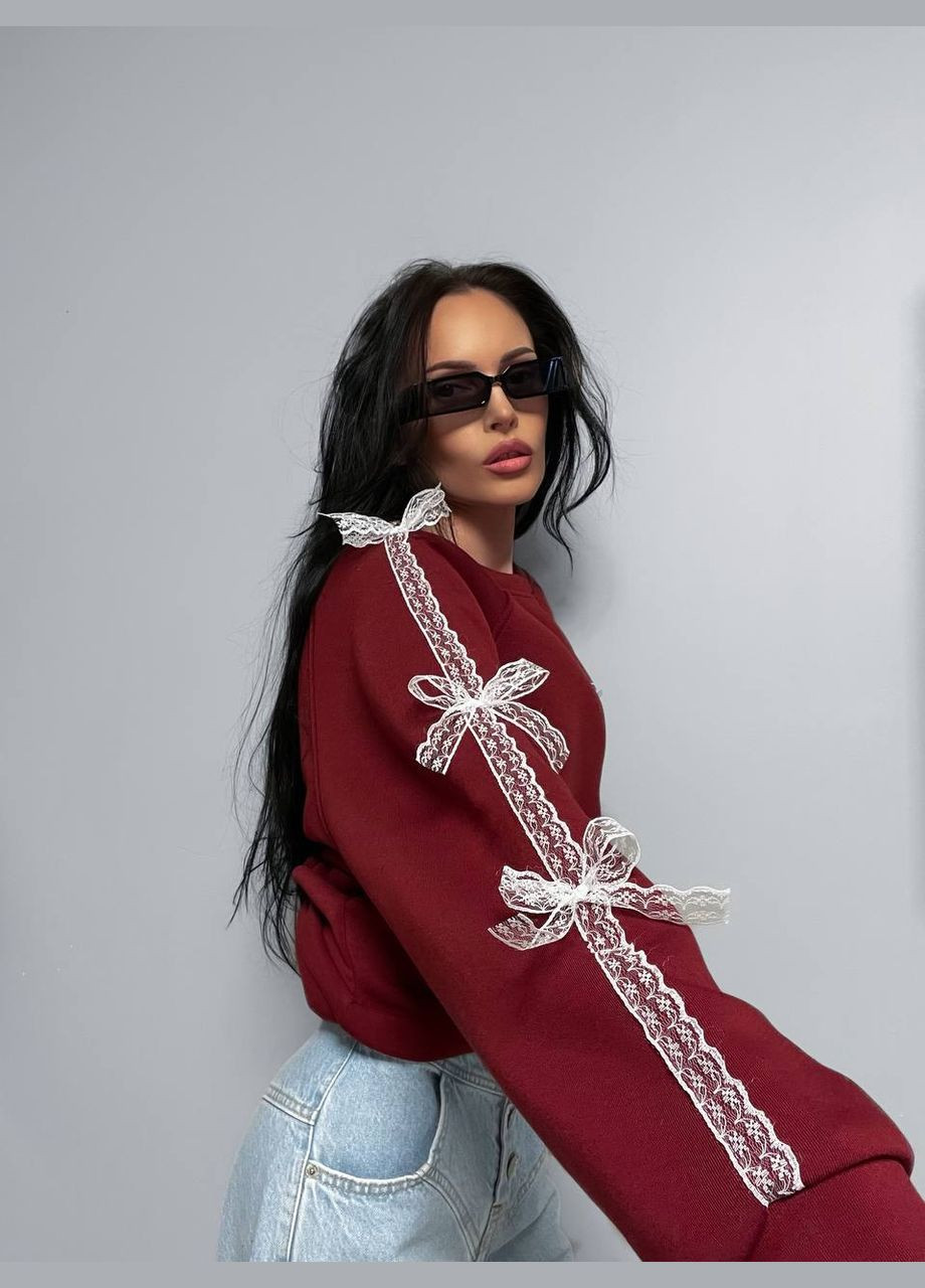 Бордовый свитшот женский однотонный кружево, бант (317369550)