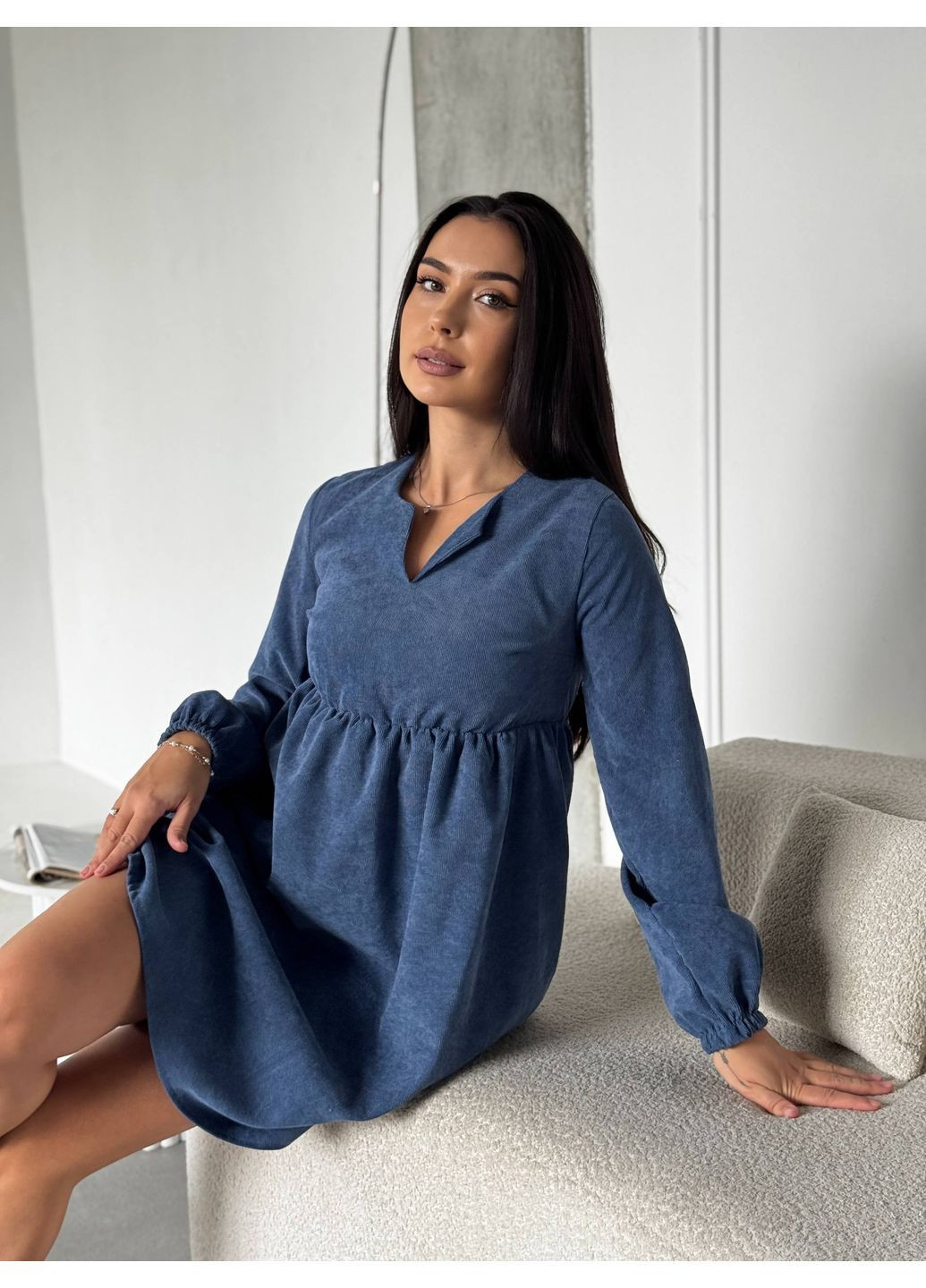 Світло-синя сукня мікровельвет рукава та талія на резинці Україна