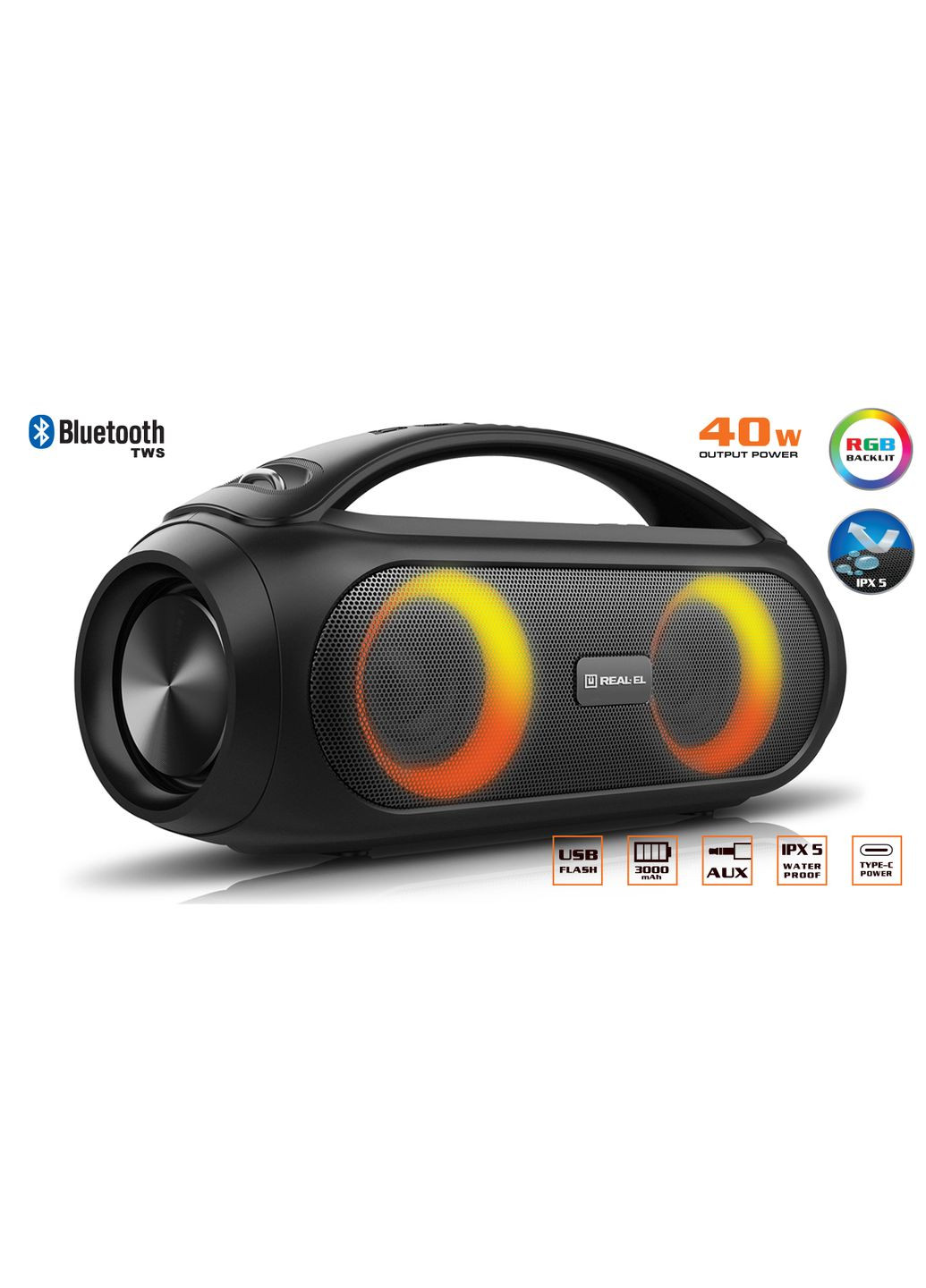 Колонка X-745 Black (40Вт, Bluetooth, USB, AUX, 3000мА*ч) Real-El (333824476)