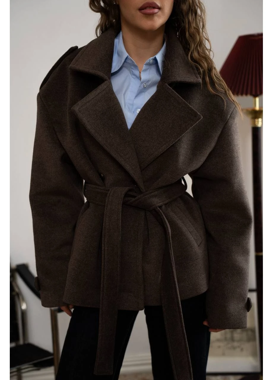 Волошкове демісезонне Вовняне пальто (60 %), на запах, з поясом у комплекті мод ВІК-Веста, Шоколадний, No Brand