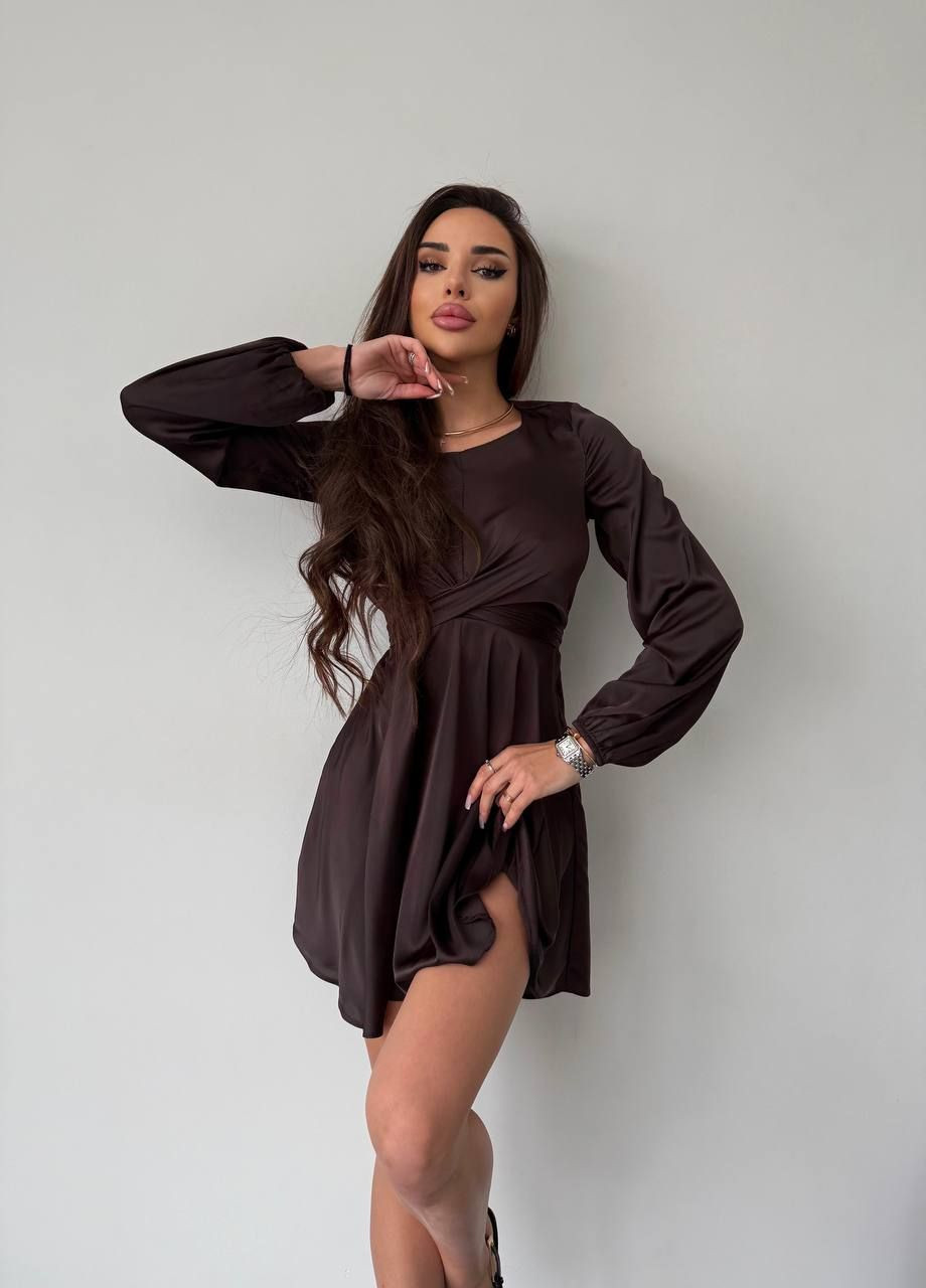Коричнева шовкова сукня міні коричневого кольору 36048 кльош Fashion однотонна