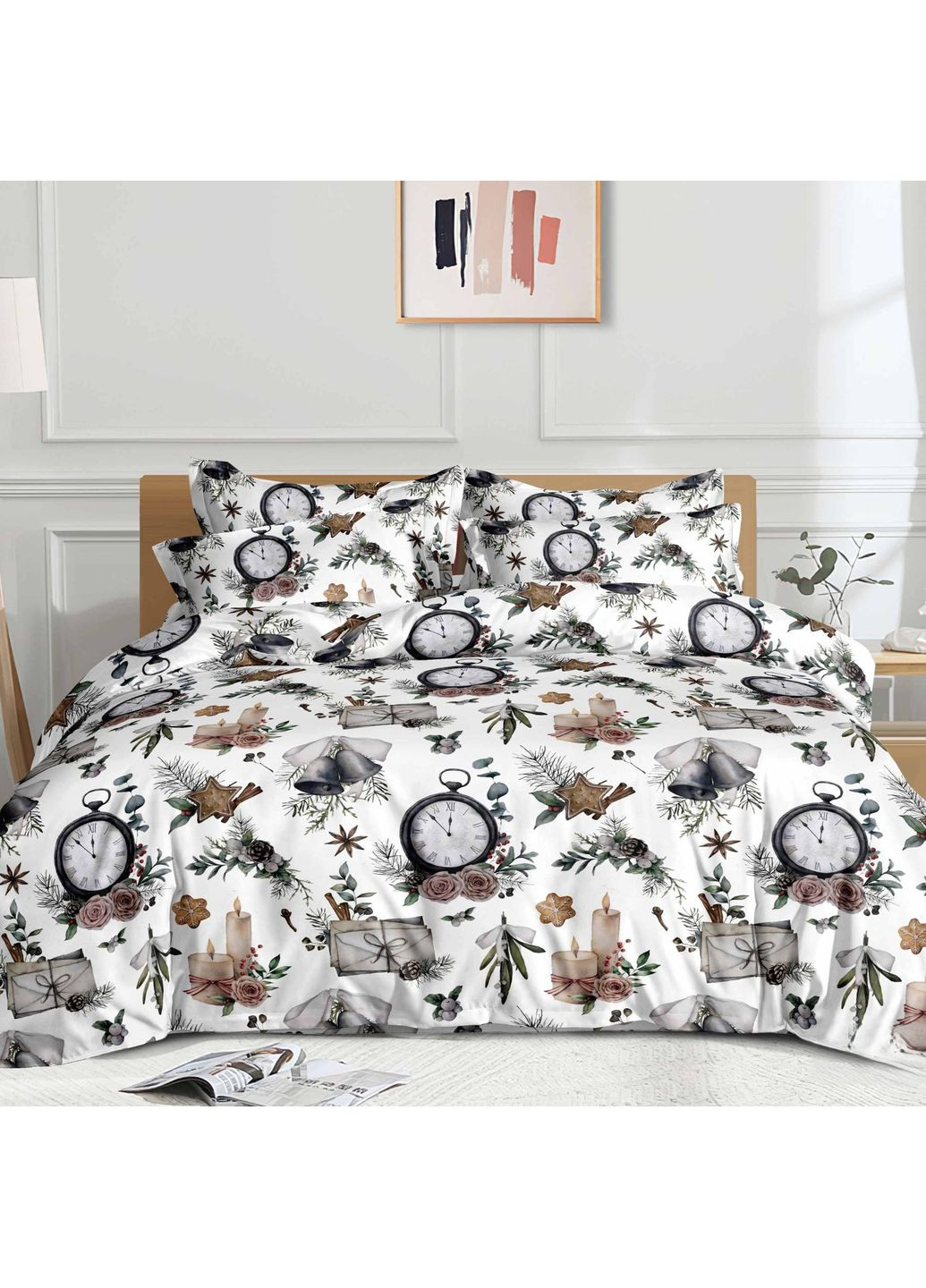 Постельное белье семейное белое новогоднее Рождественские часы Фланель Байка 954704 Ananasko (366959215)