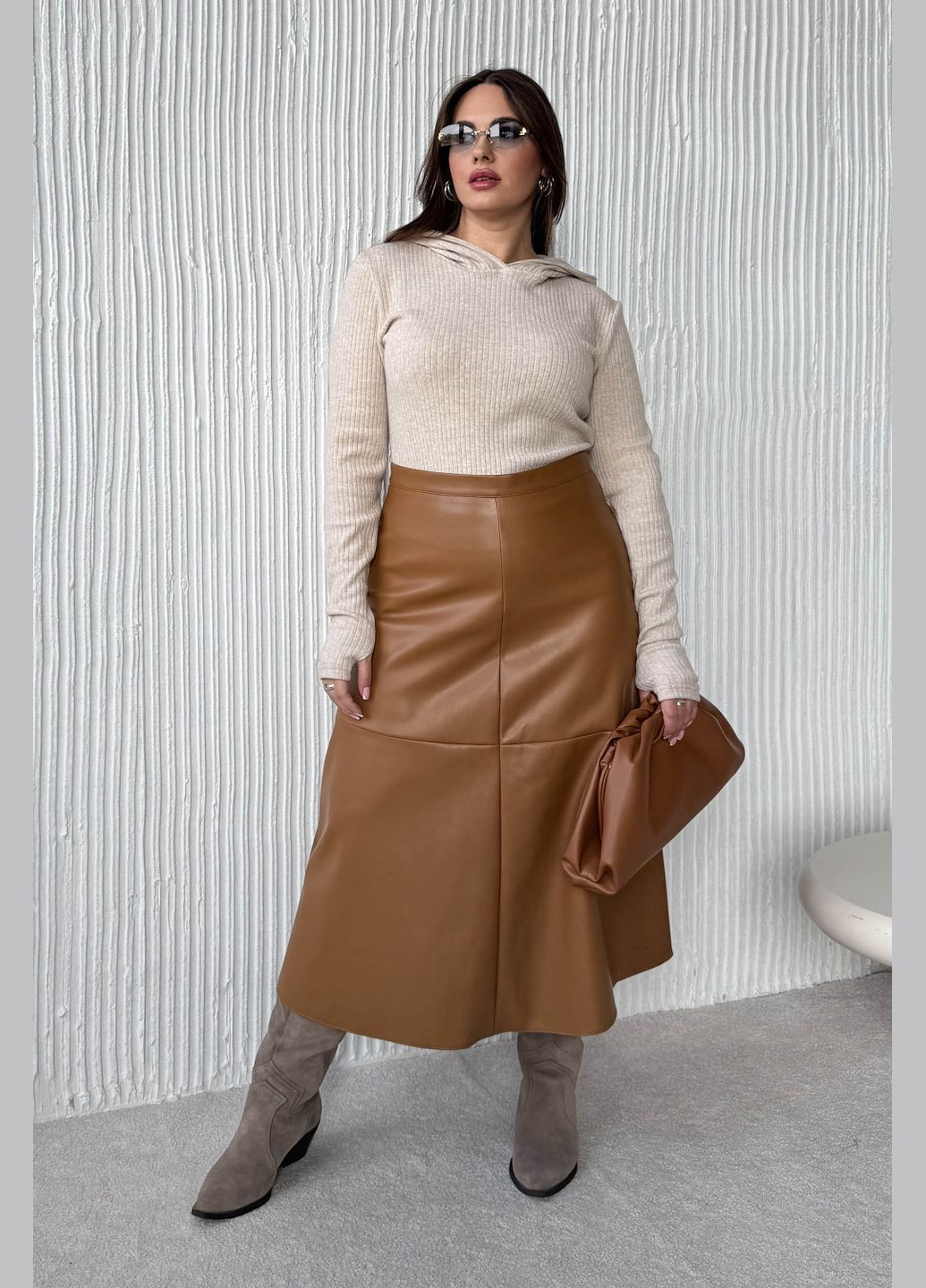 Коричневая офисная, повседневная, кэжуал однотонная стильная юбка из эко-кожи без ремня Jadone Fashion а-силуэта (трапеция)
