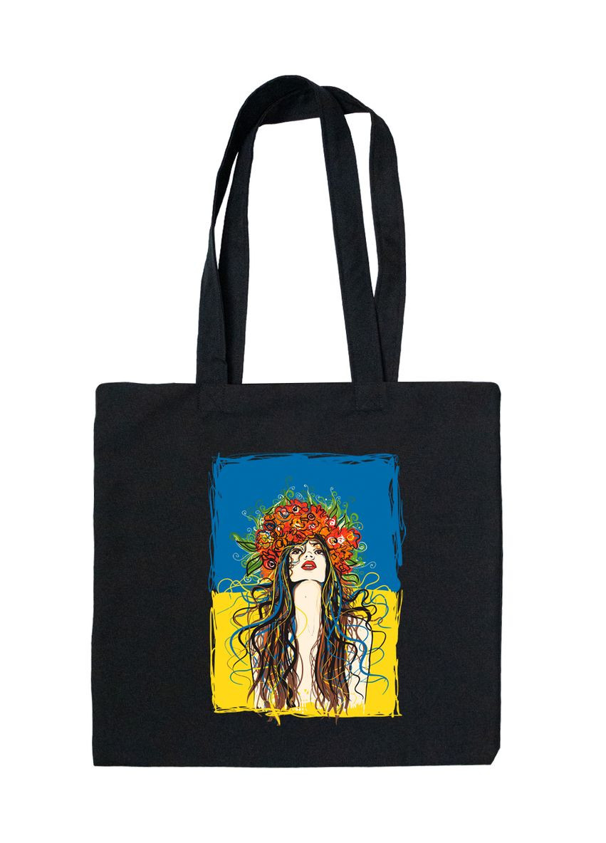 Экосумка из габардина черная с принтом Девчонка с венком UA желто-голубой (DTF) 38х36 4PROFI (369757499)