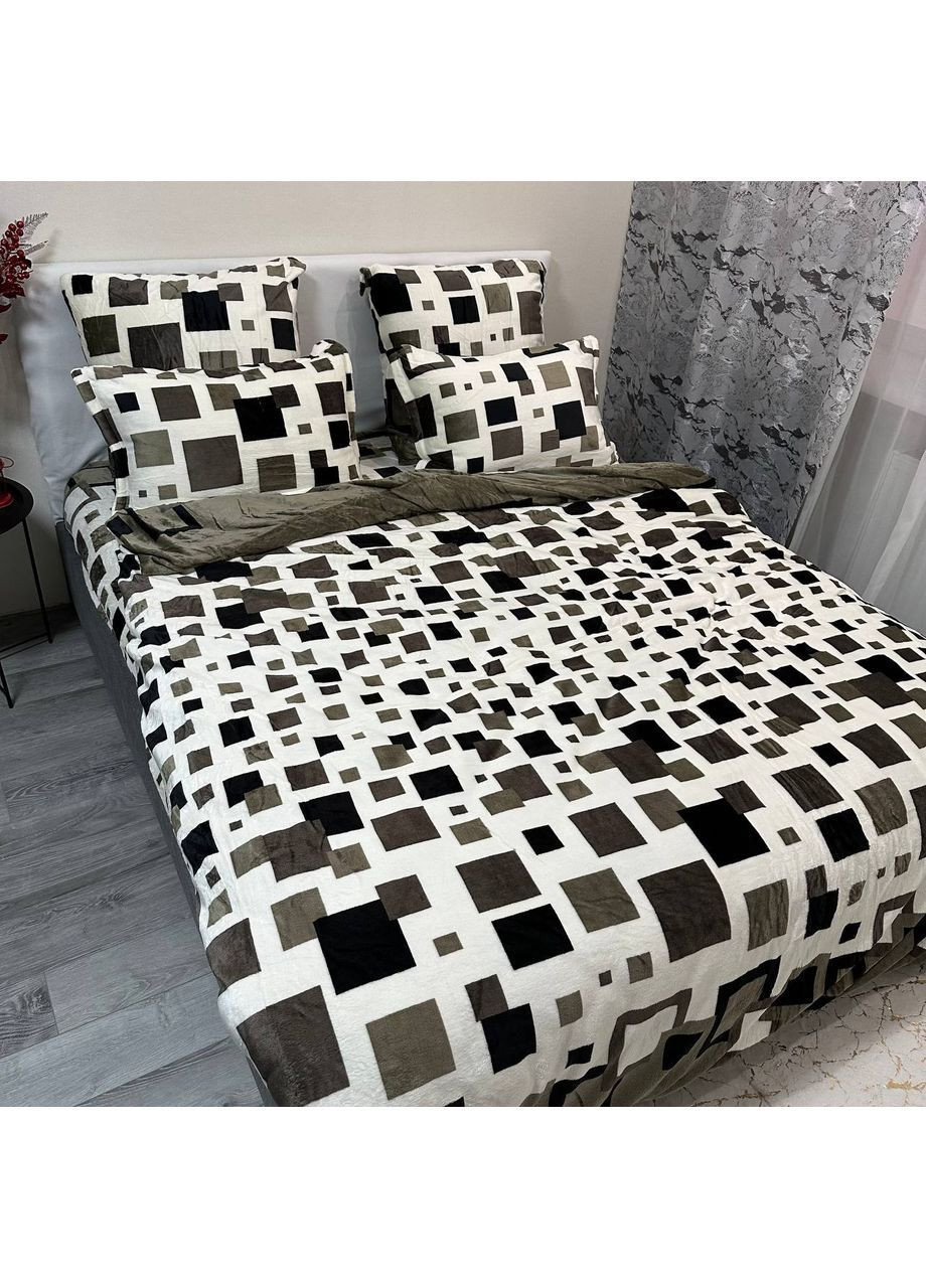 Комплект постельного белья велюр Евро пододеяльник 200×230 см + 4 наволочка молочно-оливкового цвета с рисунком No Brand (362211410)